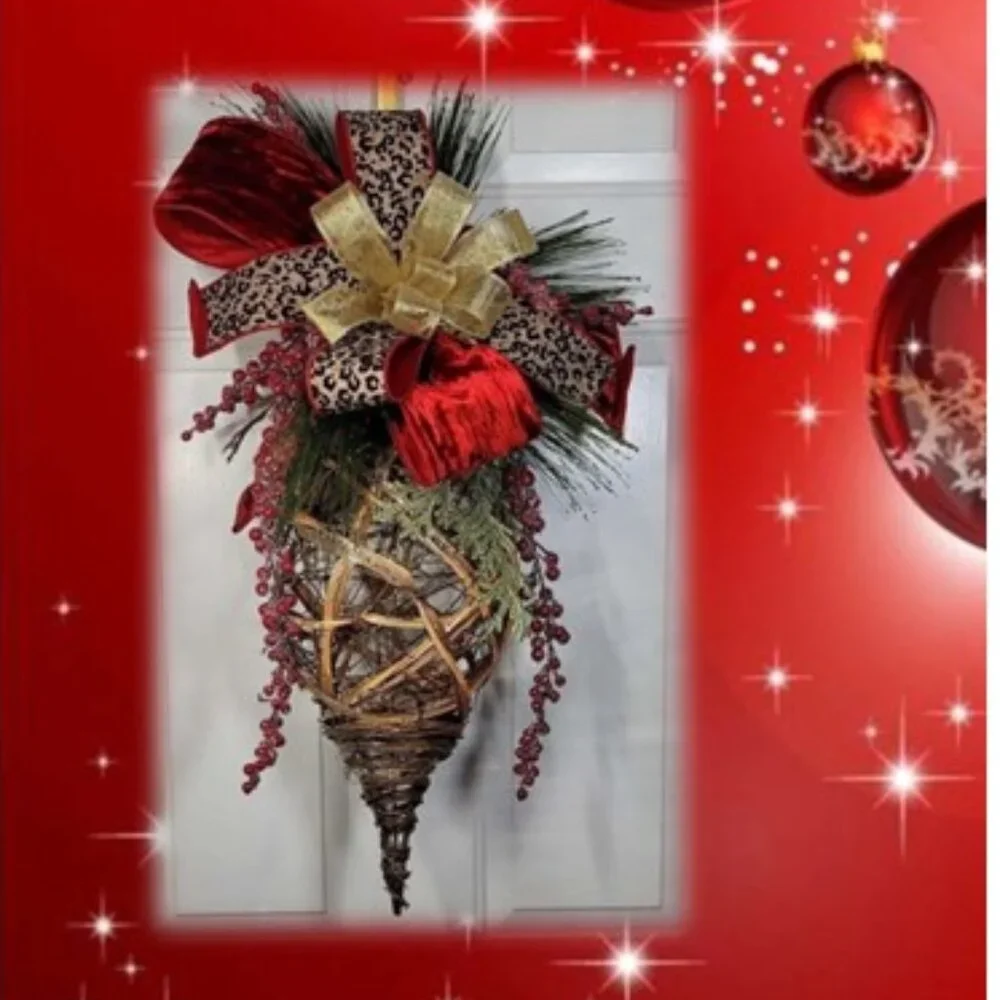 Jumbo Christmas Ornament Hanging Rattan Ornament Drop w Glam Bow, Winter Wreath